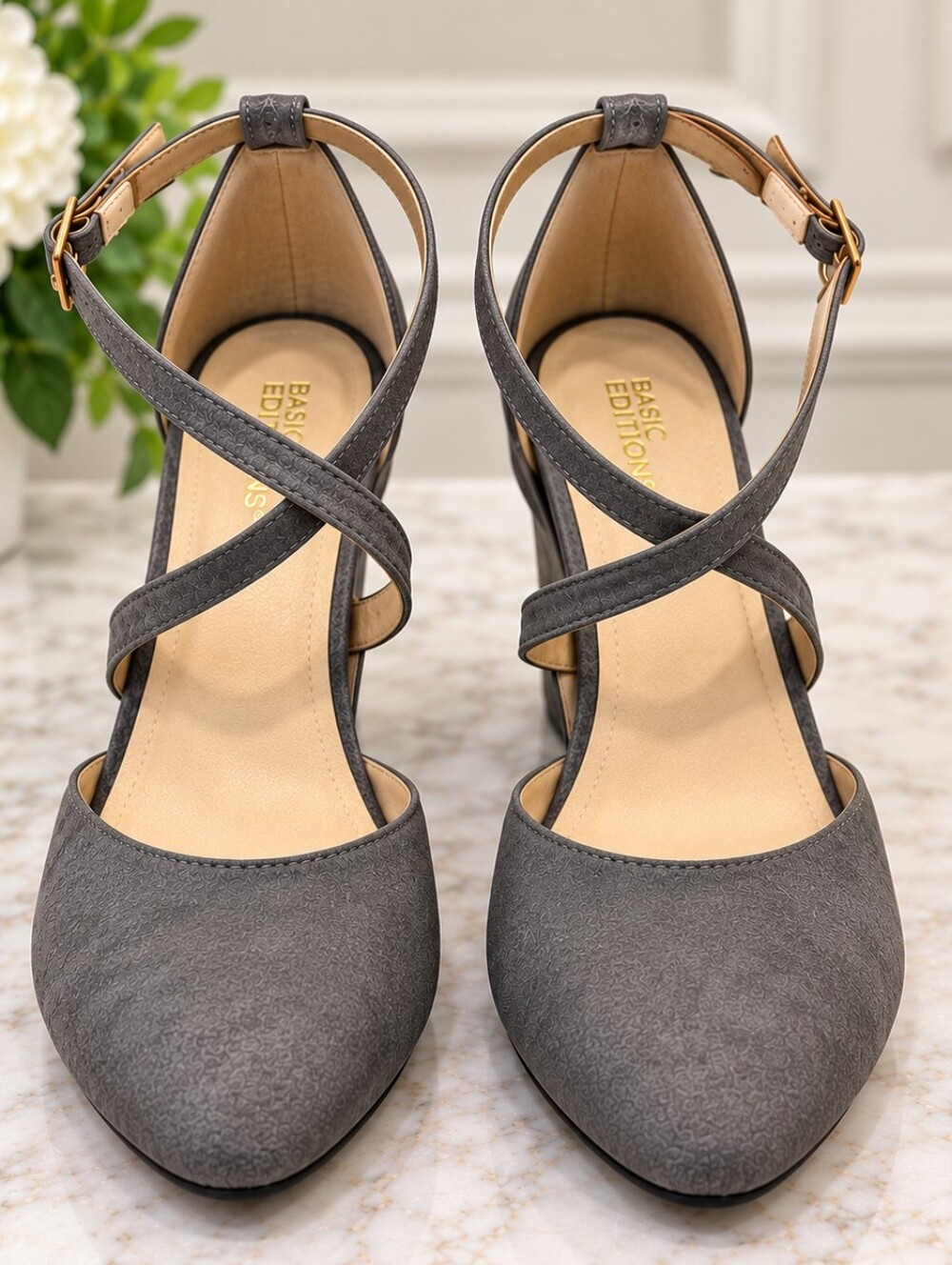 Basic Editions Gray Ankle Strap Wedge Heels Women’s 6.5 Faux Suede